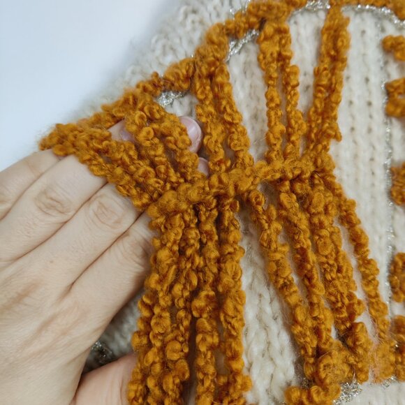 Women's Long Cardigan Size L/XL Beige Orange Fabric Embroidery Vintage Knitwear - Picture 3 of 12